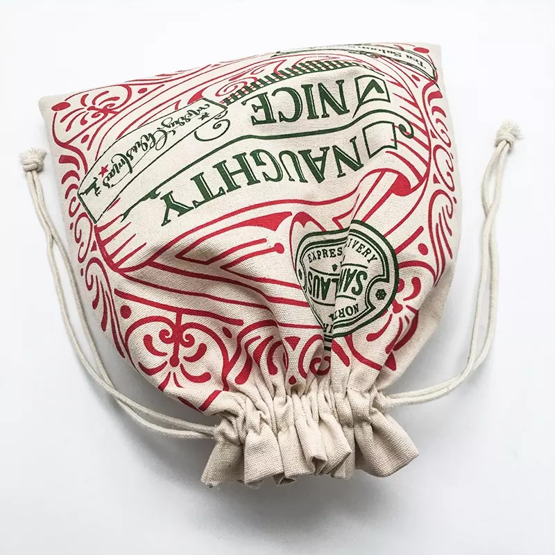 Custom Logo Printed cotton canvas Christmas Gift Drawstring Pouch natural Cotton String cotton canvas Bag 