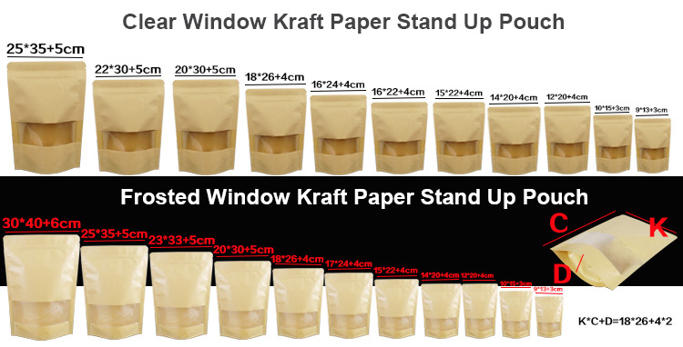 Biodegradable recycled customized stand up pouches dry food packaging brown kraft paper bags with translucent window