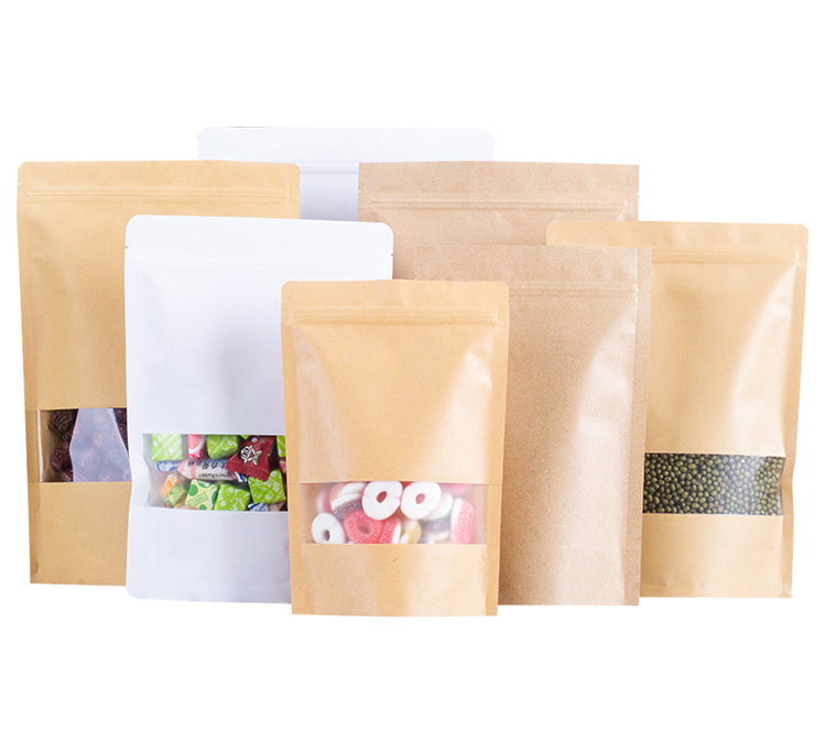 Biodegradable recycled customized stand up pouches dry food packaging brown kraft paper bags with translucent window