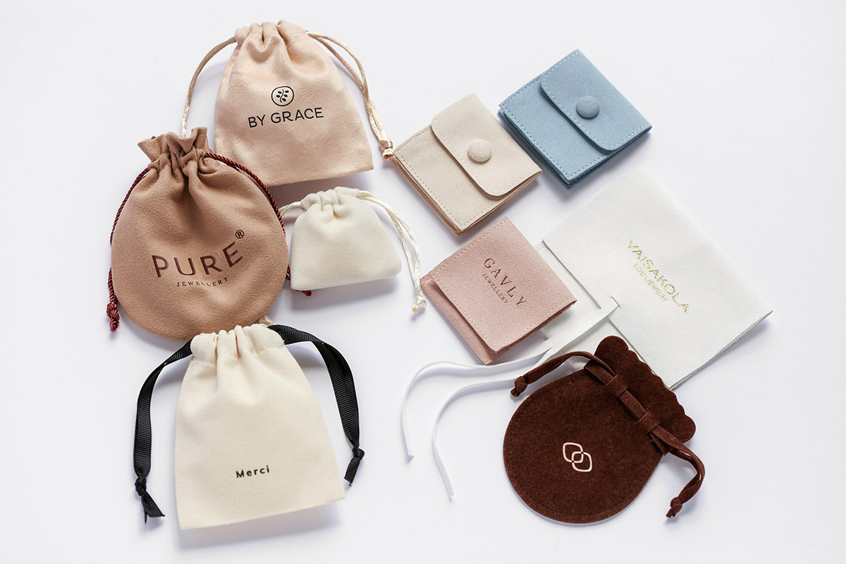 Custom logo printed jewelry pouch with drawstrings, gift wedding favor bags