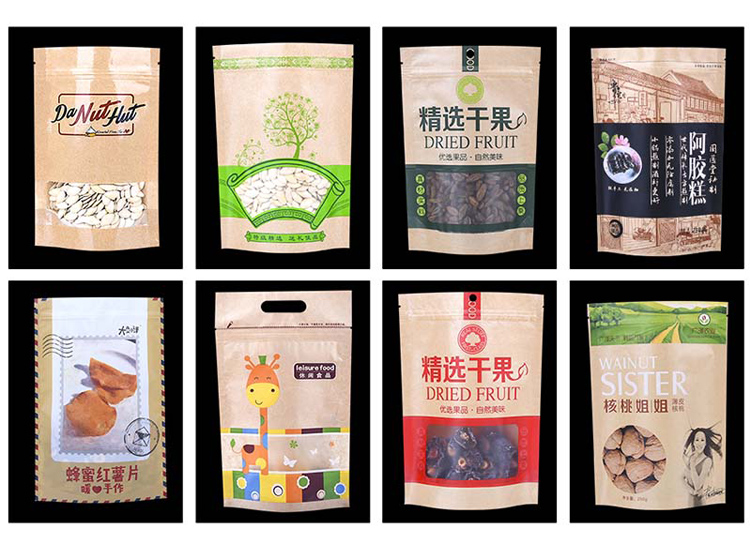 Biodegradable recycled customized stand up pouches dry food packaging brown kraft paper bags with translucent window