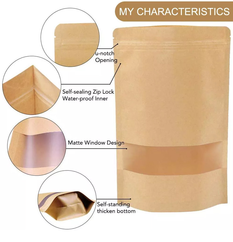 Biodegradable recycled customized stand up pouches dry food packaging brown kraft paper bags with translucent window