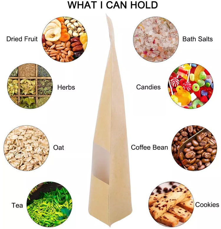 Biodegradable recycled customized stand up pouches dry food packaging brown kraft paper bags with translucent window