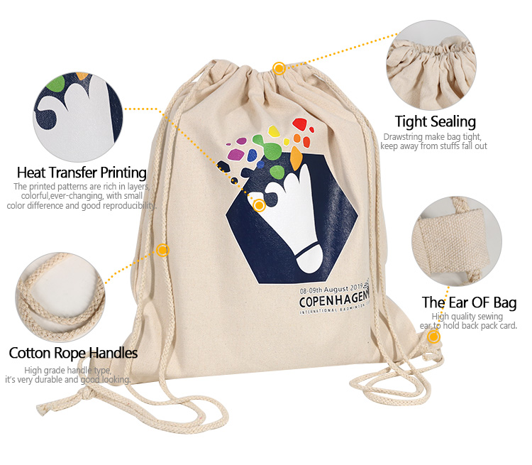 Low MOQ Customised Gift Cotton Cloth Drawstring Backpack Cotton Canvas Bag With Logo
