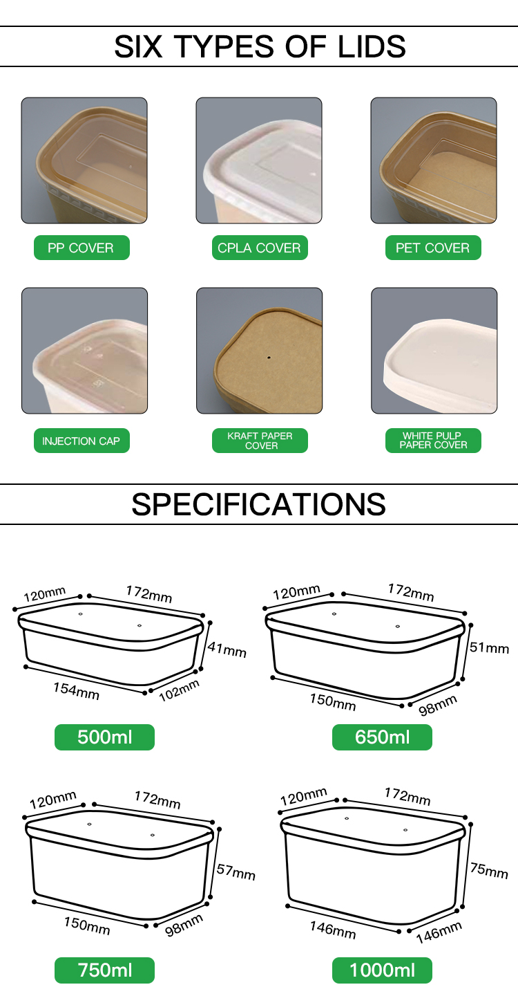 500 650 750 1000ml Food Packaging Containers Square Biodegradable Food Bowl takeout box take away bowl