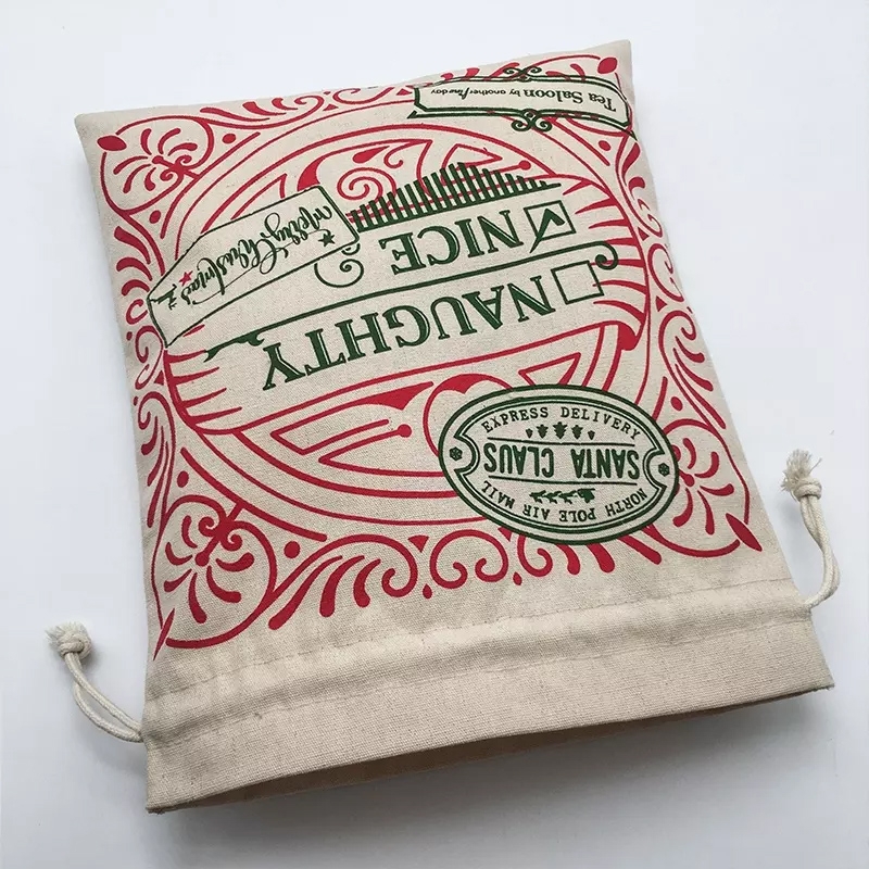 Custom Logo Printed cotton canvas Christmas Gift Drawstring Pouch natural Cotton String cotton canvas Bag 