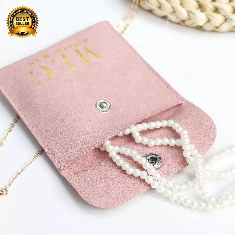Customized luxury gold logo flannel pink suede Jewelry necklace envelope pouch microfiber drawstring bag accessories display bag