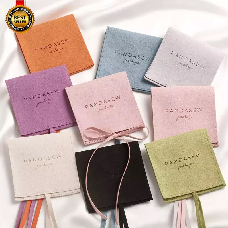 Custom Logo Printed Small Envelope Flap Suede Microfiber Necklace Earring Jewelry Packaging Pouch Bag with Logo With Button