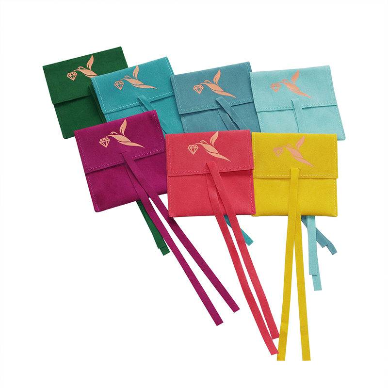 Custom Logo Printed Small Envelope Flap Suede Microfiber Necklace Earring Jewelry Packaging Pouch Bag with Logo With Button