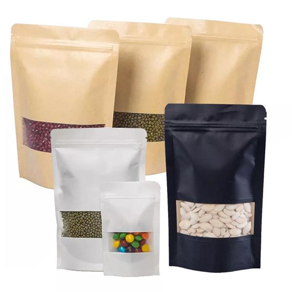 Customized Biodegradable recycled stand up pouches dry food packaging brown white black Zip Lock  kraft paper bags with translucent window  for Spice Biscuits Coffee Food Storage